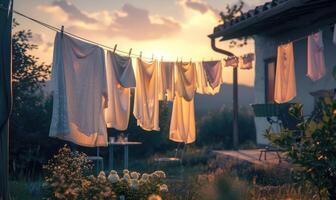 ai generiert Wäsche Trocknen auf das Wäscheleine im das Garten beim Sonnenuntergang foto