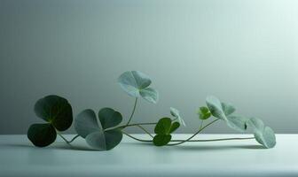 ai generiert Grün Kleeblatt Pflanze Blätter auf Weiß Tabelle mit Kopieren Raum. foto