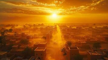 ai generiert Sonne Rahmen Über Wüste Stadt foto