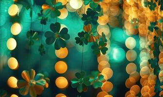 ai generiert st. Patricks Tag Hintergrund mit Grün Kleeblatt Blätter und Bokeh foto