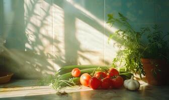 ai generiert Tomaten, Gurken, Knoblauch und Dill auf das Küche Tabelle foto