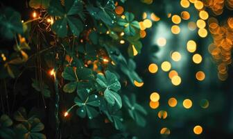 ai generiert st. Patrick's Tag Hintergrund mit Bokeh defokussiert Beleuchtung foto