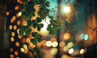 ai generiert st. Patricks Tag Hintergrund mit Grün Kleeblatt Blätter und Bokeh foto