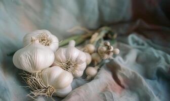 ai generiert Knoblauch auf das Tisch. Jahrgang Stil. selektiv Fokus. foto