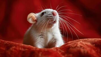 ai generiert Weiß Ratte Sitzung auf oben von rot Couch foto