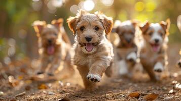 ai generiert Gruppe von Hunde Laufen durch Wald foto