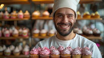 ai generiert Mann halten Tablett von Cupcakes foto