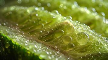 ai generiert schließen oben von ein Grün Blatt mit Wasser Tröpfchen foto