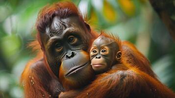 ai generiert Mutter Orang-Utan halten Baby im Baum foto