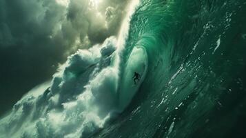 ai generiert Mann Reiten Welle auf Surfbrett foto