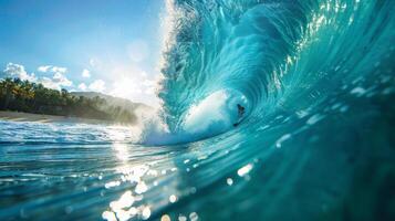 ai generiert Mann Reiten Welle auf Surfbrett foto