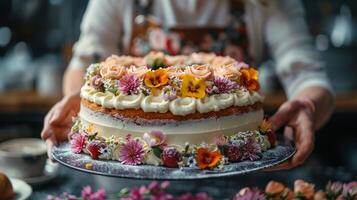 ai generiert Person dekorieren Kuchen mit Blumen foto