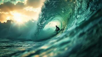 ai generiert Mann Reiten Welle auf Surfbrett foto