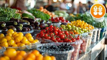 ai generiert Menschen erkunden ein geschäftig Bauern' Markt, mit bunt produzieren Stände und das frisch Duft foto