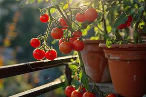 ai generiert reif Tomaten wachsend im Terrasse Garten Topf mit ai generiert. foto