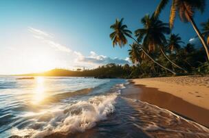 ai generiert ein sonnendurchflutet Strand mit Palme Bäume Strand foto