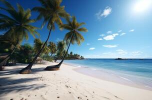 ai generiert ein sonnendurchflutet Strand mit Palme Bäume Strand foto