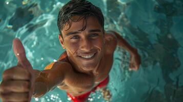 ai generiert Mann geben Daumen oben im Schwimmen Schwimmbad foto