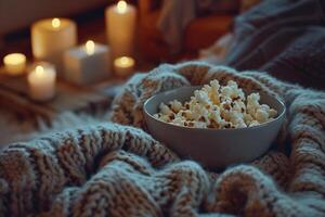 ai generiert gemütlich Abend mit Popcorn und warm Beleuchtung mit ai generiert. foto