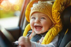 ai generiert glücklich Kleinkind im Auto Sicherheit Sitz. foto