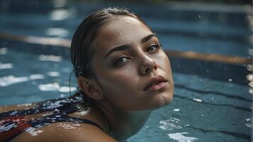 ai generiert Porträt von ein ziemlich Mädchen im das Schwimmbad, nass Porträt, nass gir im das Schwimmbad, Frau ist Schwimmen im das Schwimmbad foto