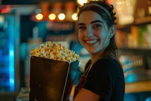 ai generiert glücklich Mitarbeiter Portion Popcorn beim Kino. foto