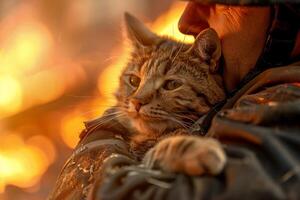 ai generiert Feuerwehrmann wohltuend ein Katze inmitten Funken mit ai generiert. foto