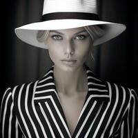ai generiert einfarbig gestreift Mode mit elegant Hut foto