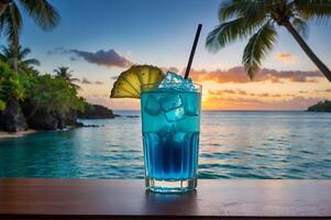 ai generiert ein köstlich Blau Hawaii Cocktail trinken mit ein Zitrone Scheibe und Stroh auf ein hölzern Tabelle mit Blick auf ein tropisch Insel beim Sonnenuntergang. foto