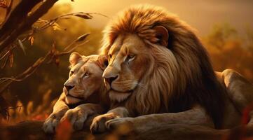 ai generiert afrikanisch Löwen und Löwen im Liebe auf Sonne einstellen foto