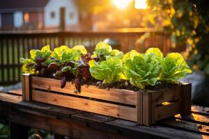 ai generiert ein hölzern Pflanzer mit Grüner Salat wachsend im es auf das Deck foto