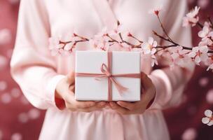 ai generiert ein Weiß Geschenk Box ist gezeigt auf ein Rosa blühen Hintergrund, Geschehnisse foto