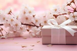 ai generiert ein Weiß Geschenk Box ist gezeigt auf ein Rosa blühen Hintergrund, Geschehnisse foto