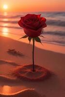 ai generiert ein Single rot Rose ist wachsend aus von das Sand auf ein Strand foto