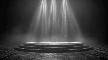 ai generiert schwarz und Weiß Foto von ein Bühne mit Licht Balken