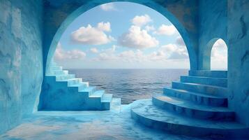 ai generiert Blau Torbogen mit Treppe führen zu das Ozean foto