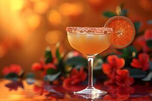 ai generiert Zitrusfrüchte Cocktail garniert mit Orange Scheibe, beschwingt Blumen Hintergrund foto