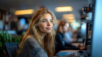 ai generiert attraktiv jung weiblich mit blond Haar Arbeiten auf ein Computer im ein zeitgenössisch Büro Einstellung. foto