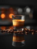 ai generiert Nahansicht von ein Reich Espresso Schuss im ein klar Glas, mit geröstet Kaffee Bohnen, einstellen gegen ein warm, verschwommen Hintergrund foto