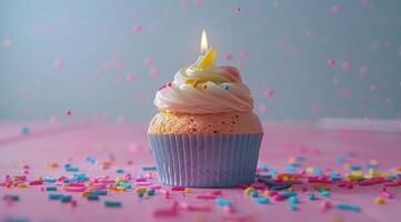 ai generiert ein Geburtstag Cupcake hat einer Kerze auf das oben foto