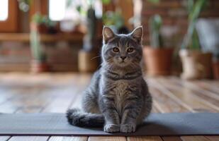 ai generiert ein Katze sitzt auf das Matte im ein Yoga Studio foto