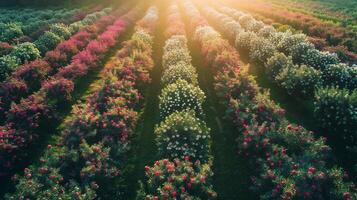 ai generiert üppig Feld mit reichlich Bäume und Blumen foto