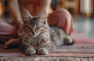 ai generiert ein Katze sitzt auf das Matte im ein Yoga Studio foto