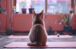 ai generiert ein Katze sitzt auf das Matte im ein Yoga Studio foto
