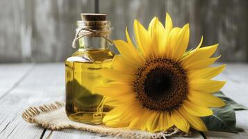 ai generiert ein Sonnenblume Blume und ein Flasche von Sonnenblume Öl foto