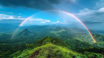 ai generiert zwei Regenbögen Über üppig Grün Senke foto