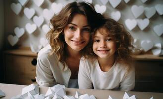 ai generiert Mama und jung Mädchen mit Weiß Herz foto
