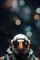 ai generiert Astronaut Helm mit reflektierend Visier und Bokeh Beleuchtung foto