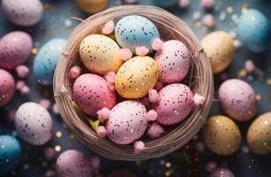 ai generiert ein Korb von farbig Ostern Eier mit Blume Glühbirnen und Narzissen foto