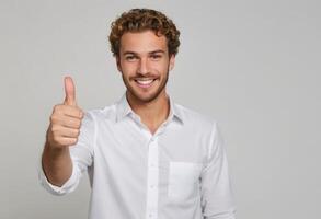 ai generiert ein Mann mit lockig blond Haar zeigt an ein Daumen oben mit ein groß lächeln, gekleidet im ein formal Weiß Hemd zum ein poliert sehen. foto